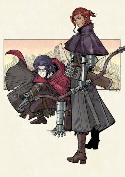 2boys artist_name boots bow_(weapon) capelet cloak commentary curtained_hair dagger english_commentary gammel_(unicorn_overlord) gauntlets green_eyes herheim highres holding holding_bow_(weapon) holding_dagger holding_knife holding_weapon knife looking_at_viewer male_focus mandrin_(unicorn_overlord) multiple_boys on_one_knee parted_bangs purple_hair red_hair short_hair signature smile unicorn_overlord weapon