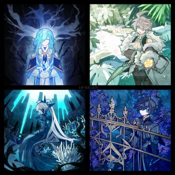 4boys ;d absurdres ahoge ainchase_ishmael artist_name ascot bare_tree black_gloves black_hair black_shirt blue_eyes blue_hair bluhen_(elsword) chinese_commentary closed_eyes coat colored_inner_hair commentary_request coral core elsword expressionless eyepatch eyes_visible_through_hair fence flower fur-trimmed_coat fur-trimmed_sleeves fur_trim gloves glowing glowing_petals green_eyes grey_hair hair_over_one_eye herrscher_(elsword) highres holding holding_flower hollow_body lily_pad lock long_hair long_sleeves looking_at_viewer male_focus medium_hair multicolored_hair multiple_boys multiple_persona off_shoulder one_eye_closed open_mouth opferung_(elsword) padlock petals pond ponytail purple_flower rain richter_(elsword) shirt short_hair sleeveless sleeveless_shirt smile tree two-tone_hair underwater very_long_hair water_lily_flower white_ascot white_coat yellow_flower zei0