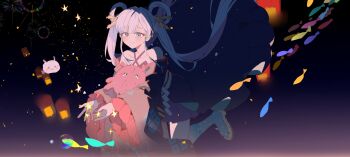 1girl absurdres bare_shoulders black_kimono blue_eyes blush cho_kaguya-hime! closed_mouth commentary criss-cross_halter eyeshadow floating_hair frilled_sleeves frills full_body hair_ornament hair_rings hair_stick halterneck highres japanese_clothes kimono kxdgpnqgoe44409 lantern long_hair long_sleeves makeup night octopus paper_lantern red_eyeshadow runami_yachiyo short_kimono simple_fish sky_lantern smile solo star_(sky) star_(symbol) tearing_up tears twintails very_long_hair white_hair wide_sleeves