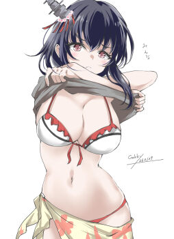 1girl bikini black_hair breasts brown_eyes commentary_request cowboy_shot frilled_bikini frills gakky grey_shirt headgear highres kantai_collection large_breasts looking_at_viewer navel one-hour_drawing_challenge sarong shirt short_hair solo swimsuit undressing white_sarong yamashiro_(kancolle) yamashiro_(swimsuit)_(kancolle)
