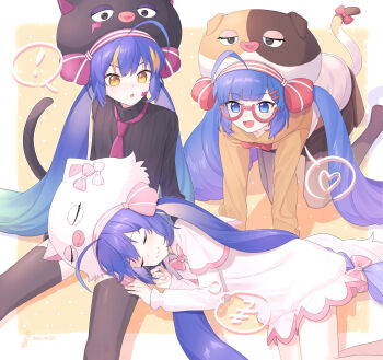 Rule 34 | !, 3girls, absurdres, ahoge, all fours, alternate costume, alternate eye color, animal hat, arms at sides, black headwear, black pantyhose, black skirt, black sweater, black tail, black thighhighs, blue eyes, blue hair, blunt bangs, blush, border, bow, bowtie, brown headwear, brown tail, cat hat, cat tail, closed eyes, closed mouth, dress, facial mark, fang, gradient hair, green hair, hair between eyes, hair ornament, hairclip, hat, heart, highres, hood, hood down, hoodie, large hat, long hair, long sleeves, looking at another, low twintails, multicolored hair, multicolored headwear, multicolored tail, multiple girls, multiple persona, necktie, no shoes, open mouth, orange background, orange eyes, orange hair, orange headwear, orange hoodie, orange tail, otomachi una, otomachi una (spicy), otomachi una (sugar), otomachi una (talkex), pantyhose, pink bow, pink necktie, pink trim, polka dot, polka dot background, purple hair, red-framed eyewear, red bow, sitting, skirt, sleeping, smile, spoken exclamation mark, spoken heart, streaked hair, striped bow, striped clothes, striped sweater, suiso sn3, sweater, tail, talkex, thighhighs, turtleneck, turtleneck sweater, twintails, two-tone hoodie, v-shaped eyebrows, vertical-striped sweater, very long hair, vocaloid, white border, white dress, white headwear, white hoodie, white tail, white trim, zzz