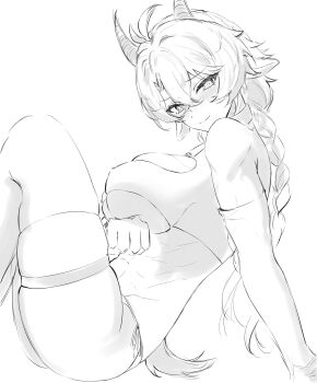 1girl abs absurdres animal_ears antenna_hair arm_under_breasts blush braid breasts cleavage_cutout closed_mouth clothing_cutout commentary covered_erect_nipples crop_top crossed_bangs curtained_hair detached_sleeves english_commentary from_side furrowed_brow genderswap genderswap_(mtf) goat_ears goat_horns goat_tail greyscale hair_between_eyes highres honkai:_star_rail honkai_(series) horns huge_breasts kemonomimi_mode kinoerou knees_up long_hair long_sleeves looking_at_viewer monochrome nose_blush phainon_(honkai:_star_rail) seductive_smile short_tail side-tie_peek simple_background single_braid sitting skindentation smile solo tail thigh_strap thighhighs toned toned_female turning_head underboob white_background