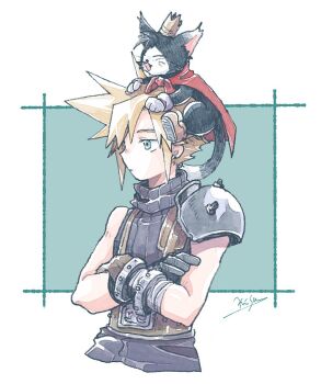 1boy animal animal_on_head armor armored_gloves artist_name bandaged_arm bandages belt black_fur blonde_hair blue_eyes blue_pants blue_shirt boots border brown_belt brown_boots cait_sith_(final_fantasy) cape cat cat_on_head cloud_strife cropped_torso crossed_arms crown earrings fang final_fantasy final_fantasy_vii gloves green_background jewelry male_focus michibata_65 mini_crown on_head pants pauldrons red_cape shirt short_hair shoulder_armor single_bare_shoulder single_earring single_pauldron sleeveless sleeveless_turtleneck spiked_hair suspenders turtleneck tuxedo_cat two-tone_fur white_border white_fur white_gloves