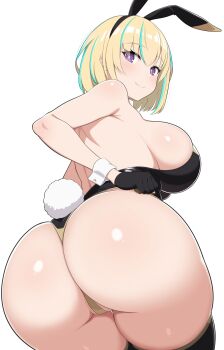1girl absurdres animal_ears ass backless_leotard bare_shoulders black_gloves black_leotard black_thighhighs blonde_hair blush breasts bright_pupils commentary_request fake_animal_ears fake_tail gloves green_hair highres large_breasts leotard looking_at_viewer looking_back medium_hair multicolored_hair original partially_visible_vulva playboy_bunny purple_eyes rabbit_ears rabbit_tail siguren126 simple_background smile solo streaked_hair tail thighhighs white_background white_pupils wrist_cuffs
