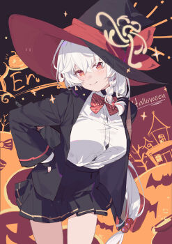 1girl absurdres bilibalakonglijiwa black_skirt blue_archive blush bow braid breasts closed_mouth eri_(blue_archive) hair_between_eyes halloween halo hand_on_own_hip hat highres large_breasts long_hair long_sleeves looking_at_viewer orange_eyes orange_halo pleated_skirt red_bow shirt side_braid skirt smile solo very_long_hair white_hair white_shirt witch_hat