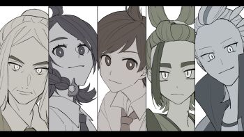 1girl 4boys braid closed_mouth collared_shirt commentary_request drayton_(pokemon) florian_(pokemon) hair_ornament hassel_(pokemon) highres juliana_(pokemon) kieran_(pokemon) looking_at_viewer mole mole_on_neck monochrome multicolored_hair multiple_boys necktie nintendo pokemon pokemon_sv sanae-aragaki shirt simple_background upper_body