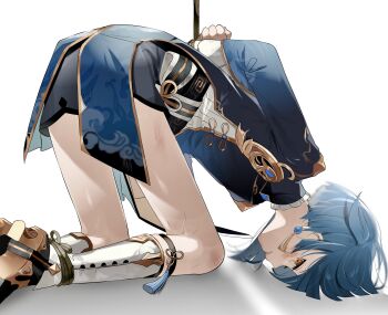 1boy astolfo_(fate) astolfo_(fate)_(cosplay) astolfo_(memories_at_trifas)_(fate) astolfo_(saber)_(fate) astolfo_(saber)_(first_ascension)_(fate) astolfo_(saber)_(third_ascension)_(fate) astolfo_(sailor_paladin)_(fate) astolfo_(third_ascension)_(fate) blue_hair bound bound_wrists bruise bruise_on_face bruise_on_knee bruise_on_leg chinese_clothes commentary_request earrings genshin_impact highres injury jewelry male_focus short_hair short_shorts shorts simple_background solo tassel tassel_earrings thighs white_background xingqiu_(genshin_impact) yoko_(nz_g)