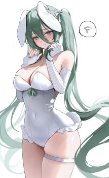 1girl absurdres animal_ears bare_shoulders blush breasts commentary covered_navel cowboy_shot elbow_gloves fingerless_gloves gloves green_eyes green_hair hair_between_eyes hands_up highres large_breasts leotard long_hair looking_at_viewer o_cha_(seyc3447) original parted_lips playboy_bunny rabbit_ears rabbit_tail simple_background skindentation solo tail thigh_strap twintails very_long_hair white_background white_gloves white_leotard