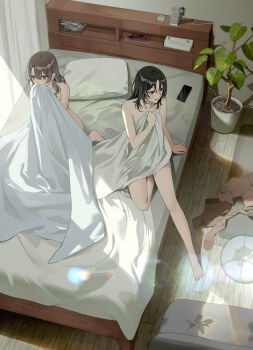 2girls absurdres arm_at_side arm_up barefoot bed bedroom bird's_eye_view black_eyes black_hair brown_eyes brown_hair cellphone commentary_request completely_nude covering_breasts covering_privates curtains from_above hand_up hands_up hatano_yuki headboard highres holding holding_unworn_clothes indoors kirai_doushi_no_watashitachi_wa_ichiya_no_ayamachi_de kuga_huna lens_flare long_hair morning morning_after multiple_girls novel_illustration nude official_art on_bed phone pillow plant potted_plant shelf shinomiya_nana sitting smartphone straight_hair wooden_floor yuri