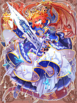 Rule 34 | 1girl, :d, black pantyhose, blue cape, blue dress, blue eyes, blue gem, breasts, brown background, cape, cleavage, clip studio paint (medium), commentary request, crossed bangs, dairoku ryouhei, dragon girl, dragon horns, dragon tail, dragon wings, dress, feather print, feather trim, frilled sleeves, frills, full body, gem, glowing, glowing sword, glowing weapon, gold necklace, gold tiara, gold trim, gown, greatsword, hair between eyes, hand up, head chain, holding, holding sword, holding weapon, horn ornament, horns, jewelry, layered dress, layered sleeves, long dress, long hair, long sleeves, looking at viewer, medium breasts, necklace, open mouth, orange hair, orange tail, orange wings, outline, pantyhose, pearl (gemstone), pleated dress, pointing, pointing at viewer, pointing melee weapon, pointing sword, pokira, print dress, puffy sleeves, red horns, shoes, short over long sleeves, short sleeves, smile, solastybell grassrun, solo, sparkle, spread wings, standing, sword, tail, tail ornament, tail ring, tiara, two-tone dress, very long hair, weapon, white dress, white outline, white shoes, white sleeves, wing ornament, wings