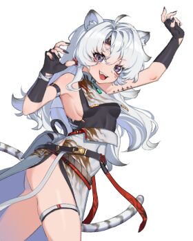 1girl :d ahoge animal_ear_fluff animal_ears arm_strap arm_tattoo arm_up armpits ass bandaged_wrist bandages bare_shoulders belt belt_buckle black_belt black_gloves black_headband black_nails black_shirt breast_curtains breasts buckle china_dress chinese_clothes claw_pose clip_studio_paint_(medium) compression_shirt covered_navel cowboy_shot curtained_hair dress eyeliner facial_mark fang fingerless_gloves fingernails genderswap genderswap_(mtf) gloves halterneck hand_up headband kam-ja linea_alba lingyang_(wuthering_waves) lion_ears lion_girl lion_tail long_hair looking_at_viewer lossy-lossless makeup mark_under_both_eyes nail_polish open_mouth pouch print_dress purple_eyes red_eyeliner shirt side_slit sideboob sideless_shirt simple_background skindentation sleeveless sleeveless_dress small_breasts smile solo standing tacet_mark_(wuthering_waves) tail tattoo thigh_strap thighs tight_clothes tight_shirt twisted_torso underbutt undershirt white_background white_dress white_hair white_tail wuthering_waves