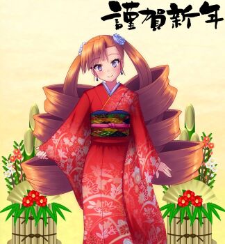 1girl arcana_heart arcana_heart_2 arcana_heart_3 bamboo blush drill_hair earrings floral_print flower flower_hairpin japanese_clothes jewelry kasabou kimono long_hair looking_at_viewer new_year orange_hair petra_johanna_lagerkvist purple_eyes red_kimono rose single_hair_intake smile twintails white_flower white_rose