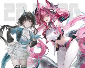 Rule 34 | 0ishur, 2girls, aqua gloves, arknights, arknights: endfield, arm up, artist collaboration, bare shoulders, black gloves, black hair, black horns, blue eyes, breasts, chen qianyu (arknights), commentary, cowboy shot, cropped jacket, detached sleeves, dragon horns, dragon tail, english commentary, fang, gloves, grey eyes, hair intakes, hand on own hip, highres, horns, jacket, knee guards, large breasts, leaning forward, leaning to the side, long hair, looking at viewer, miniskirt, multicolored gloves, multiple girls, navel, open mouth, pants, pink gloves, pink hair, pink jacket, rente gu, single glove, skin fang, skirt, smile, stomach, tail, teeth, thick eyebrows, twintails, two-tone gloves, upper teeth only, very long hair, white pants, white skirt, yvonne (arknights)