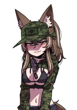 1girl :3 animal_ear_fluff animal_ears between_breasts blush breasts brown_eyes callisto_(greyeth) canadian_flag choker commission crop_top dog_tags fox_ears fox_girl fox_tail karepack model navel original second-party_source solo spacex_starship tail teasing