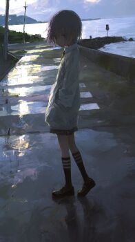 hands_in_pockets highres kodoku220909 looking_at_viewer medium_hair ocean original shoes sign skirt socks utility_pole water