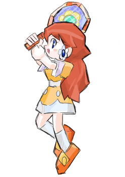 1girl absurdres brown_hair dress earrings flower_earrings highres jewelry long_hair mario_(series) mario_tennis mario_tennis_(nintendo_64) nintendo open_mouth orange_shoes princess_daisy racket rakugaki_shitagari-ya shoes simple_background smile tennis_racket two-tone_dress white_background yellow_dress