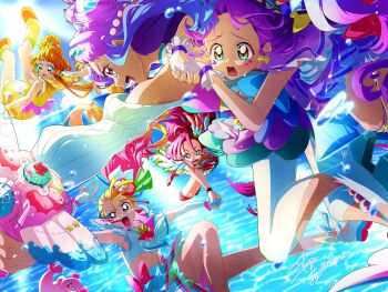 5girls ankle_bow ankle_ribbon blonde_hair blue_eyes bow brooch choker colored_eyelashes cure_coral cure_flamingo cure_la_mer cure_papaya cure_summer dress earrings eyelash_ornament facial_mark feather_earrings feathers fingerless_gloves fishnet_thighhighs fishnets glove_bow gloves hair_bow hair_ornament hat heart heart_facial_mark highres jewelry leg_ribbon long_hair magical_girl meme_rururu mismatched_eyelashes multicolored_hair multiple_girls ocean open_mouth orange_hair pearl_hair_ornament pink_sailor_collar precure purple_choker purple_hair ribbon sailor_collar sailor_hat shell_brooch skirt sphere_hair_ornament thick_eyelashes thighhighs triangle_earrings tropical-rouge!_precure white_choker white_gloves wrist_bow yellow_bow yellow_choker yellow_gloves