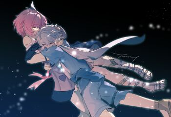 1boy 1girl bare_shoulders blue_shirt closed_eyes coat commentary cyrene_(aedes_elysiae)_(honkai:_star_rail) cyrene_(honkai:_star_rail) eucalyptus-household grey_shirt highres honkai:_star_rail honkai_(series) hug phainon_(a_dream_scented_in_wheat)_(honkai:_star_rail) phainon_(honkai:_star_rail) pink_hair pointy_ears purple_coat sandals shirt short_hair toes white_hair