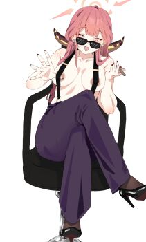 1girl absurdres alternate_costume areola_slip aru_(blue_archive) black_shoes blue_archive breasts chair cigar commentary demon_horns earrings english_commentary full_body halo high_heels highres holding holding_cigar horns jewelry low_horns medium_breasts niyoukoso pink_hair pink_halo shoes sitting solo sunglasses topless_female white_background