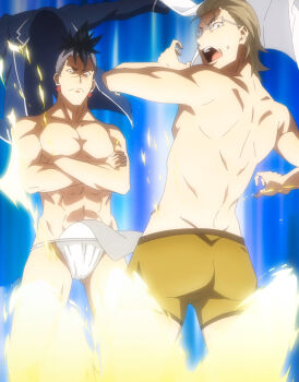 2boys abs anime_screenshot ass black_hair blonde_hair blue_background closed_mouth cowboy_shot crossed_arms earrings eizan_etsuya from_behind fundoshi glasses highres jacket japanese_clothes jewelry looking_back male_focus male_underwear multiple_boys open_mouth rectangular_eyewear saitou_soumei scar_on_face scar_on_nose shokugeki_no_souma shoulder_blades standing stitched surprised sweatdrop teeth third-party_edit underwear unworn_jacket upper_teeth_only yellow_male_underwear