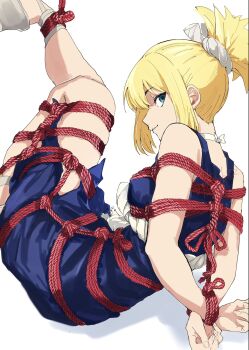 1girl arms_behind_back bare_shoulders bdsm blonde_hair blue_dress blue_eyes bondage bound bound_arms bound_legs bound_wrists breasts choker commentary dr._stone dress highres kohaku_(dr._stone) looking_at_viewer looking_back pl0mb82 ponytail red_rope restrained rope rope_around_waist rope_belt shibari shibari_over_clothes simple_background smile solo symbol-only_commentary white_background white_choker white_rope