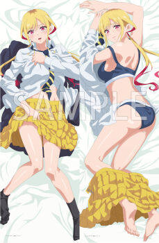 1girl absurdres anime_coloring ass barefoot black_jacket black_socks blazer blonde_hair blue_panties blue_sports_bra breasts closed_mouth clothes_pull collared_shirt commentary_request dakimakura_(medium) diagonal-striped_clothes diagonal-striped_necktie gradient_hair highres jacket kusunoki_aroma light_blush long_hair long_sleeves looking_at_viewer medium_breasts multicolored_hair multiple_views navel necktie no_shoes official_art open_mouth panties partially_undressed pink_eyes pink_hair pleated_skirt sample_watermark sawaranaide_kotesashi-kun school_uniform shirt skirt skirt_pull socks sports_bra strap_slip striped_clothes twintails underwear unworn_jacket watermark white_shirt yellow_skirt