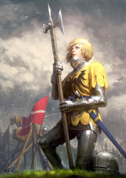 1boy 1girl armor battle blonde_hair darren_tan halberd helmet highres kneeling leg_up looking_at_viewer medieval original plate_armor polearm short_hair solo_focus unworn_headwear unworn_helmet weapon