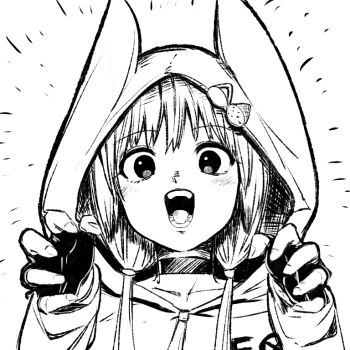 Rule 34 | 1girl, animal hood, choker, claw pose, female focus, fingerless gloves, gloves, hood, hood up, hooded jacket, jacket, kemono jihen, kon (kemono jihen), long hair, low twintails, monochrome, nemu (46 2367teimei), open mouth, solo, teeth, twintails, white background