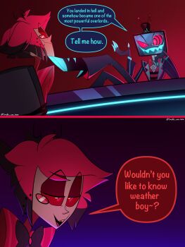 2boys :d alastor_(hazbin_hotel) animal_ears antlers black_bow black_bowtie black_hat black_shoes black_skin bow bowtie colored_sclera colored_skin commentary deer_antlers deer_ears desk english_text formal_clothes grin hat hazbin_hotel hellaverse highres horns jacket male_focus meme monocle multicolored_hair multiple_boys open_mouth red_background red_eyes red_hair red_jacket red_sclera sharp_teeth shirt shoes short_hair smallz_was_here smile speech_bubble striped_clothes striped_shirt suit teeth top_hat two-tone_hair vox_(hazbin_hotel) wouldn&#039;t_you_like_to_know_weather_boy_(meme)