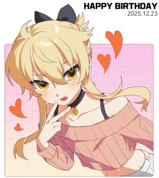 1boy bare_shoulders black_bow black_choker black_tank_top blonde_hair blush bow choker coin_(ornament) dated envy_elika_(koyashaka) fang hair_bow happy_birthday heart highres koyashaka long_sidelocks midriff navel off-shoulder_sweater off_shoulder open_mouth original pale_skin pink_background pink_sweater short_hair_with_long_locks shorts sidelocks smile sweater tank_top thick_eyelashes trap v white_shorts yellow_eyes