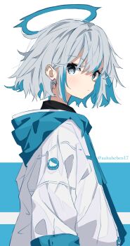 1girl absurdres angel artist_name auhuheben17 blue_eyes blue_halo blue_theme halo highres jacket original short_hair solo standing striped_background upper_body white_hair