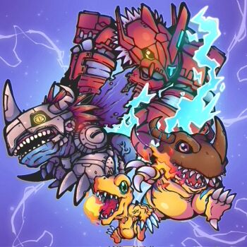 agumon blitzgreymon claws digimon digimon_(creature) evolutionary_line fire green_eyes greymon highres metalgreymon_(virus) sharp_teeth teeth