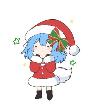 Rule 34 | 1girl, :3, animal ears, black boots, black gloves, blue hair, blush, boots, bow, chibi, chibi only, christmas, commentary, dress, english commentary, full body, fur-trimmed dress, fur-trimmed sleeves, fur trim, gloves, gold trim, green bow, hair between eyes, hair bow, hair ornament, hands up, hat, indie virtual youtuber, long sleeves, multicolored bow, red bow, red dress, red hat, santa costume, santa hat, short hair, simple background, smile, solo, standing, star (symbol), tail, virtual youtuber, white background, wolf ears, wolf girl, wolf tail, wolfychu, wolfychu (artist)