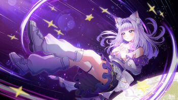 1girl agiri_(agiri_box) animal_ear_fluff asymmetrical_legwear blush bow breasts character_request choker commentary commission detached_sleeves english_commentary eye_reflection eyebrows_hidden_by_hair footwear_bow frilled_sleeves frills hair_intakes hairband highres moon original purple_bow purple_eyes purple_hair purple_hairband purple_skirt reflection shoes skirt solo star_(symbol) star_ornament thigh_strap virtual_youtuber white_choker white_shoes