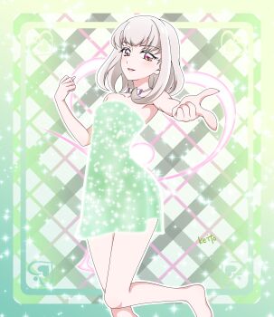 1girl :d absurdres anime_coloring armpits artist_name bare_arms bare_legs bare_shoulders barefoot blonde_hair border breasts collarbone commentary curled_fingers dress fingernails foot_out_of_frame gingham_background glowing glowing_dress gradient_eyes green_background green_border green_dress hand_up heart heart_background henshin highres index_finger_raised jewelry kimi_to_idol_precure knees_together_feet_apart leg_up light_blush looking_at_viewer medium_breasts multicolored_eyes necklace open_mouth outline outside_border outstretched_arm parted_lips patterned_background pink_eyes pointing pointing_at_viewer precure purirun_(human_form) purirun_(precure) reaching reaching_towards_viewer sakuragawa3710 short_dress short_hair smile solo sparkle sparkle_background sparkling_clothes standing standing_on_one_leg strapless strapless_dress white_outline