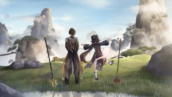 1boy 1girl arms_behind_back black_gloves black_hat black_shoes blue_sky boo_tao_(genshin_impact) bridge brown_hair chinese_clothes cloud coattails commentary day english_commentary formal_clothes from_behind full_body genshin_impact ghost gloves grass hat hat_tassel highres hu_tao_(genshin_impact) jacket jewelry kyl490 long_hair long_sleeves mountain mountainous_horizon outdoors outstretched_arms own_hands_together ponytail porkpie_hat rock scenery shoes shorts sky socks staff_of_homa_(genshin_impact) standing standing_on_one_leg suit tailcoat tassel tree twintails vortex_vanquisher_(genshin_impact) weapon_on_floor white_socks wooden_bridge zhongli_(genshin_impact)