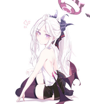Rule 34 | 1girl, absurdres, ahoge, asymmetrical sidelocks, backless shirt, black skirt, blue archive, blush, commentary request, demon horns, demon wings, eevee chan, halo, highres, hina (blue archive), horns, long hair, looking at viewer, low wings, miniskirt, multiple horns, partial commentary, pink eyes, ponytail, purple thighhighs, shirt, shoulder blades, sidelocks, simple background, sitting, skirt, solo, thighhighs, very long hair, white background, white hair, white shirt, wings, yokozuwari