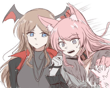 2girls animal_ear_fluff animal_ears bang_dream! bang_dream!_it&#039;s_mygo!!!!! blue_eyes brown_hair chihaya_anon commentary english_commentary fan_jing fangs grey_eyes grey_shirt head_wings kemonomimi_mode leash leash_pull long_hair multiple_girls nagasaki_soyo open_mouth pink_hair shirt simple_background upper_body white_background wings wolf_ears wolf_girl yuri