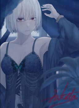 1girl absurdres arm_up armpits babydoll barbell_piercing blurry blurry_foreground bone breasts breasts_apart bubble_pimbolaria bug butterfly chain chain_earrings closed_mouth collarbone ear_piercing exposed_bone highres hip_bones industrial_piercing insect lace_trim lingerie long_sleeves looking_at_viewer mole mole_under_eye mole_under_mouth nail_polish original piercing red_eyes see-through_clothes see-through_sleeves short_hair signature skeleton spaghetti_strap spine underwear white_hair