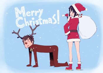 Rule 34 | 1boy, 1girl, animal costume, black hair, blush stickers, brown hair, christmas, fake antlers, full body, gloves, hat, holding, holding sack, kimi no na wa., looking at viewer, merry christmas, miyamizu mitsuha, open mouth, red gloves, reindeer costume, sack, santa costume, santa hat, skirt, smile, snowing, tachibana taki, tanaka masayoshi
