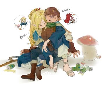 1boy 1girl baggy_pants bandana beer_can belt black_pants blonde_hair blue_dress boots braid brown_belt brown_boots brown_gloves brown_hair brown_vest cake can chilchuck_tims closed_eyes dragon dragon_wings dreaming dress drink_can dungeon_meshi fingerless_gloves fire food gloves green_bandana green_eyes hair_between_eyes hair_ribbon head_on_another&#039;s_shoulder hetero hug hug_from_behind kugai697139 long_hair long_sleeves looking_at_food marcille_donato mushroom open_mouth pants pointy_ears red_ribbon ribbon sandals shirt short_hair simple_background sitting smile sparkle speech_bubble staff sweatdrop tan teeth thought_bubble twin_braids vest white_background white_pants white_sandals white_shirt wide_sleeves wings