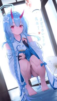 1girl absurdres blue_archive blue_hair blue_halo blush chise_(blue_archive) flower gradient_horns hair_flower hair_ornament halo hand_fan hashtag-only_commentary highres holding holding_fan horns kamory long_hair looking_at_viewer multicolored_horns nail_polish oil-paper_umbrella oni panties pantyshot red_eyes red_horns sideless_kimono solo squatting striped_clothes striped_panties translation_request umbrella underwear