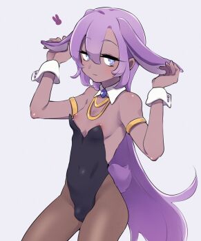 1boy :3 animal_print arms_up bare_shoulders black_leotard brooch brown_pantyhose bulge closed_mouth colored_skin cookie_run covered_navel cowboy_shot detached_collar gold_necklace golden_armlet half-closed_eyes highres holding holding_ears humanization jewelry leotard light_blush long_hair looking_at_viewer looking_to_the_side male_focus male_playboy_bunny necklace nipples niwa_(niwa827) pantyhose parted_bangs playboy_bunny purple_eyes purple_fur purple_hair purple_skin rabbit_boy rabbit_ears rabbit_print rabbit_tail raised_eyebrows shiny_clothes shiny_skin sidelocks simple_background sleeveless smile solo strapless strapless_leotard tagme trap white_background white_cuffs wrist_cuffs yogurt_cream_cookie