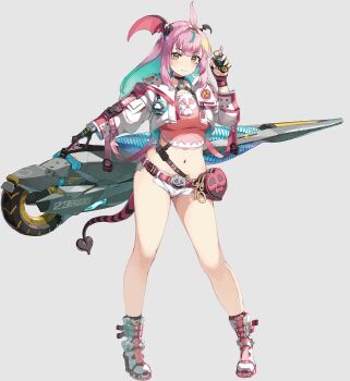 >:) 1girl ahoge aqua_hair asymmetrical_wings belt belt_pouch black_gloves boots breasts brown_eyes chest_harness closed_mouth colored_inner_hair commentary_request contrapposto crop_top demon_girl fingerless_gloves full_body gloves gradient_hair grey_background harness head_wings heart-shaped_bag highres holding huge_weapon jacket long_hair long_legs long_sleeves looking_at_viewer medium_breasts micro_shorts midriff multicolored_hair navel nishii_(damnedrive) open_clothes open_jacket original pink_belt pink_gloves pink_hair pink_shirt pouch shirt shorts simple_background single_fingerless_glove skull_print smile solo standing stomach tail thighs two-tone_hair v-shaped_eyebrows weapon weapon_on_back white_boots white_jacket wings