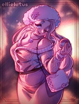 1girl alternate_costume artist_name bag blue_eyes breasts buttons commentary earrings ellie_lotus english_commentary fur_hat grey_skirt grey_sweater hand_up handbag hat highres jewelry large_breasts long_hair long_sleeves mature_female melony_(pokemon) multicolored_hair necklace nintendo off-shoulder_sweater off_shoulder one_eye_closed open_mouth pearl_earrings pencil_skirt pokemon pokemon_swsh skirt smile snowflake_necklace solo streaked_hair sweater ushanka