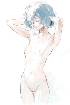 1girl berserk blue_hair body_freckles breasts butterchalk closed_eyes closed_mouth completely_nude freckles hands_behind_own_head highres isma loli navel nipples nude pussy short_hair simple_background small_breasts solo standing uncensored white_background