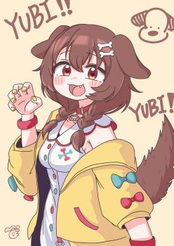 Rule 34 | !, !!, 1girl, :3, animal collar, animal ears, arm up, artist logo, blue bow, blush, bone hair ornament, bone print, bow, braid, braided sidelocks, breasts, brown background, brown eyes, brown hair, claw pose, collar, commentary request, crossed bangs, derorean1212, dog, dog ears, dog girl, dog tail, dot nose, double-parted bangs, dress, fang, hair between eyes, hair ornament, highres, hololive, inugami korone, inugami korone (1st costume), jacket, jacket bow, logo, long sidelocks, long sleeves, looking at viewer, medium breasts, medium hair, off-shoulder jacket, off shoulder, open mouth, puffy long sleeves, puffy sleeves, red bow, red collar, red trim, red wrist cuffs, romaji text, sidelocks, simple background, sleeveless, sleeveless dress, smile, solo, tail, upper body, virtual youtuber, white dress, wrist cuffs, yellow jacket, yellow nails, yubi yubi (inugami korone)