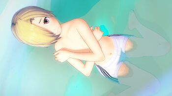 1girl 3d artist_request asymmetrical_hair blonde_hair blush breasts covering_breasts covering_nipples covering_privates day dot_nose embarrassed female_focus foot_out_of_frame from_above hair_over_one_eye highres idolmaster idolmaster_cinderella_girls kneeling looking_at_viewer looking_up male_swimwear male_swimwear_challenge medium_hair navel outdoors shirasaka_koume small_breasts solo source_request swim_trunks swimsuit tagme topless_female water white_male_swimwear white_swim_trunks