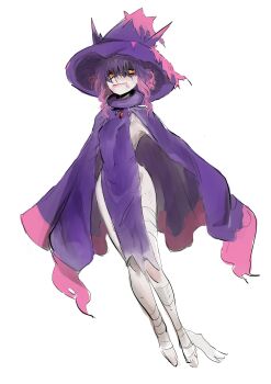 1girl absurdres bandaged_leg bandages blood_on_mouth breasts closed_mouth covered_navel dancho_no_mori dress full_body gen_4_pokemon hat highres long_bangs medium_hair mismagius multicolored_eyes multicolored_hair nintendo no_panties pelvic_curtain personification pink_hair pokemon purple_dress purple_hair purple_hat red_eyes shaded_face simple_background small_breasts smile solo two-tone_eyes two-tone_hair white_background witch_hat yellow_eyes