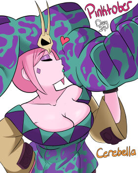 1girl absurdres acidart artist_name ashido_mina black_sclera boku_no_hero_academia cerebella_(skullgirls) cerebella_(skullgirls)_(cosplay) colored_sclera colored_skin cosplay female_focus highres horns pink_hair pink_skin skullgirls solo yellow_eyes yellow_horns